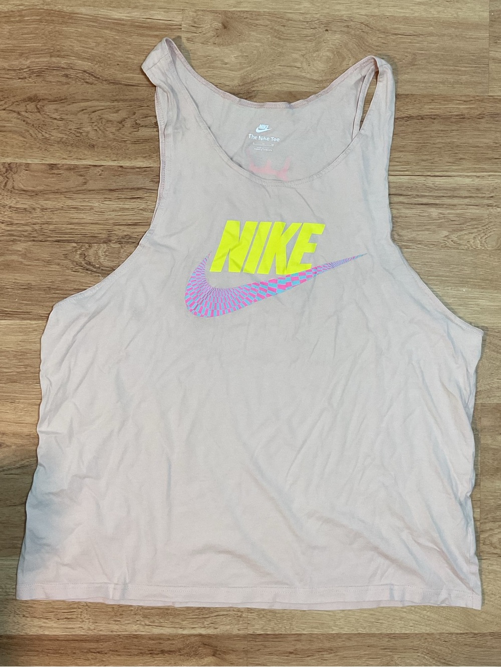 Nike Men Light Pink Tank with Neon Yellow and Lavender Logo Athletic Workout